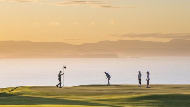 The 12th green at Cape Kidnappers, framed by the beauty of Hawkes Bay.