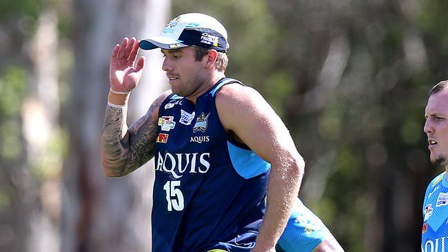Gold Coast Titans training sessions at Parkwood. Kane Elgey and Dan Sarginson. Picture: Jerad Williams