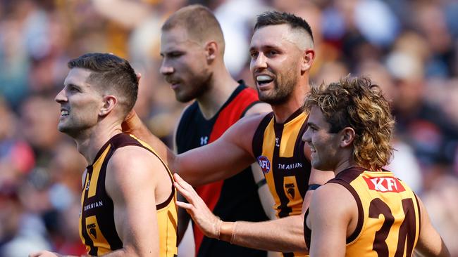 Veteran Hawthorn forwards Luke Breust (left) and Jack Gunston (right) received a text from former captain Luke Hodge after reaching the finals. Picture: Dylan Burns / Getty Images