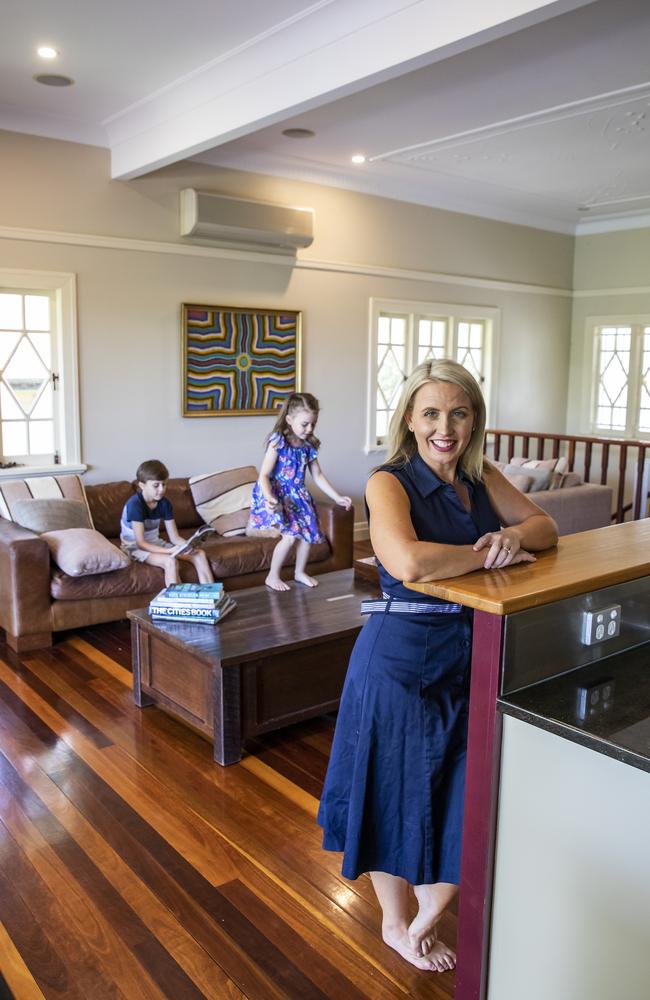 Kate Jones at home with children Grace and Thomas, and dog Alfie. Picture: Mark Cranitch