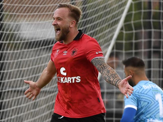 VPL 1 Men: North Sunshine Eagles SC vs Caroline Springs George Cross FC, Played at Larissa Reserve, St Albans, Victoria, Australia, Saturday 15th February 2025.  North Sunshine Eagles SC player No 9 has a free kick and Jubilation. Picture: Andrew Batsch