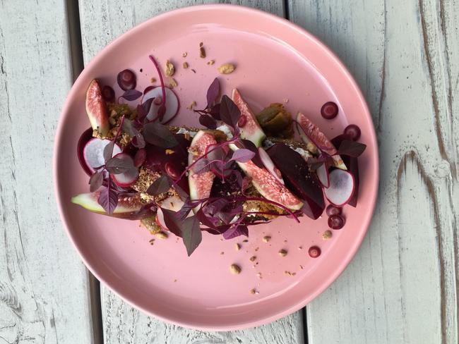 Sunday Telegraph. Eat Street Penrith. Henri Marc. Roast beets, fresh figs, Dukkha, cottage cheese, spiced lime pickle on sourdough bread; photo: Jenifer Jagielski