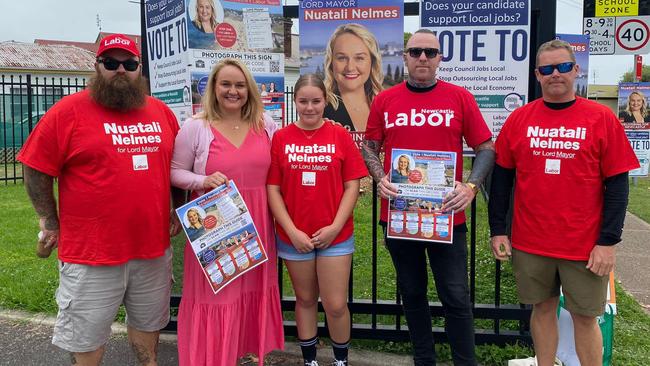 Newcastle Lord Mayor frontrunner Nuatali Nelmes on election day with supporters.