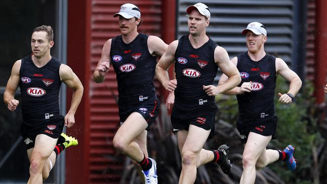 Devon Smith and Jake Stringer at Essendon training. Picture: Michael Klein