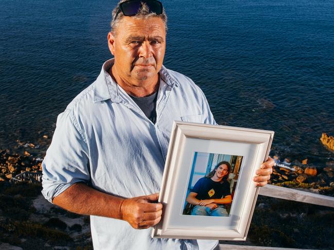 RE-USE FEE APPLIES -  Port Lincoln father Adrian Ryan at Fishery Bay, where his son Paddy was learning to surf before his death by Sudden Sniffing Death Syndrome. Picture Robert Lang