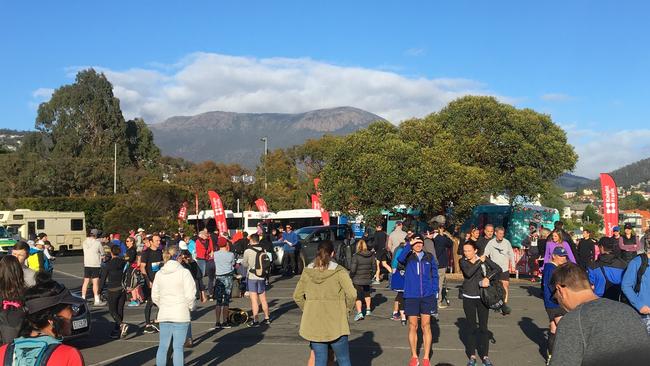 Competitors in the Point to Pinnacle wait at the start line at Wrest Point. Picture: LUKE BOWDEN