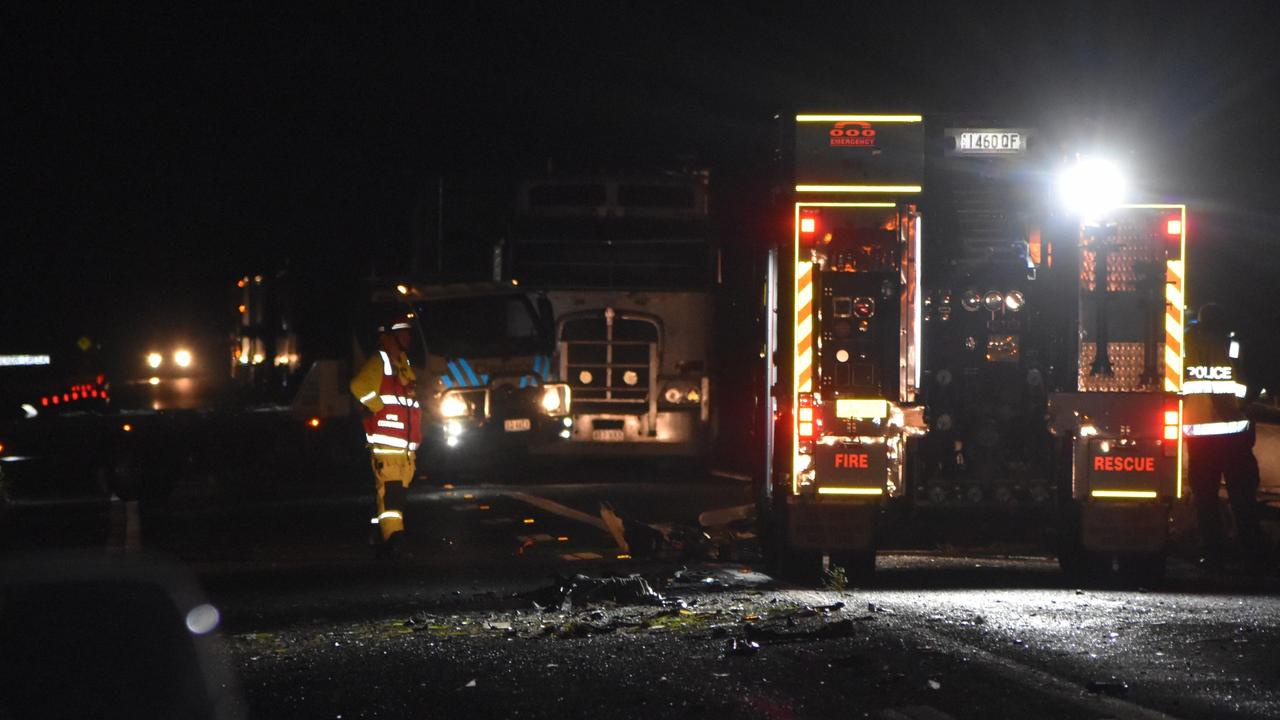 Emergency services have closed the Bruce Highway after a horror collision between a truck and a ute. Picture: Lillian Watkins