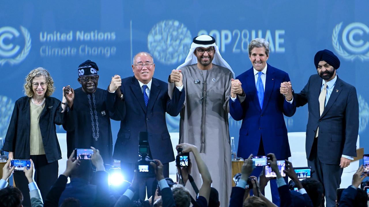 COP28 President Sultan Al Jaber (centre) with other world representatives at COP28. Picture: Stuart Wilson / COP28 via Getty Images