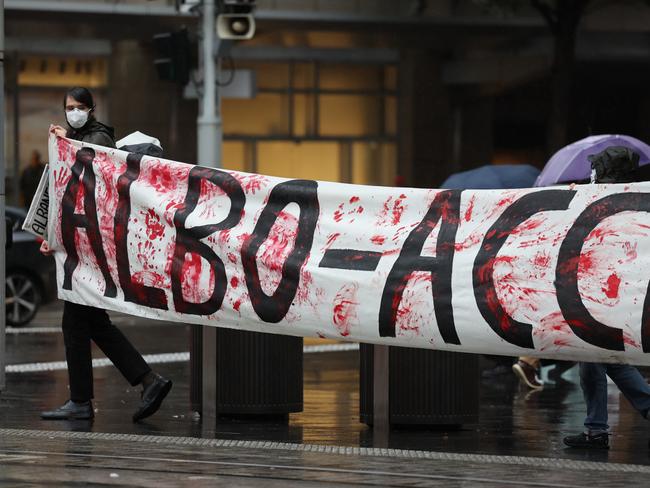 Protesters outside Sydney Town Hall on Saturday. Picture: Tim Hunter