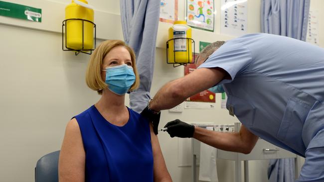 Julia Gillard receives her jab on Sunday. Picture: Andrew Henshaw