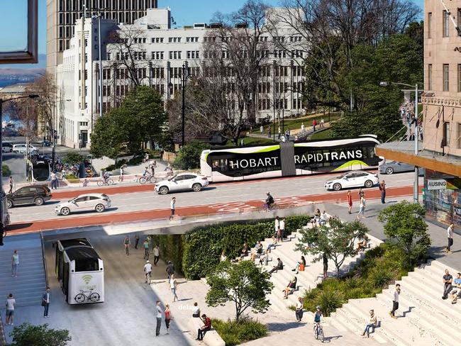 An artist’s impression of the sunken/underground bus mall in Elizabeth St. Picture: Department of State Growth