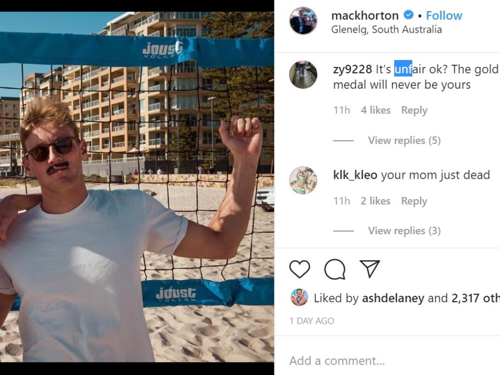 Social media trolls attacking Mack Horton on Instagram.
