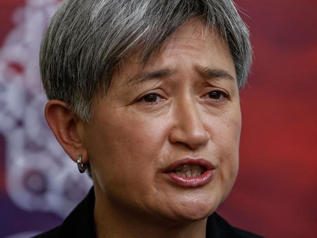 Australian Foreign Minister Penny Wong gives a statement to the media as she arrives to attend the G20 Foreign Minister Meeting at Ngurah Rai International Airport in Bali on July 7, 2022. (Photo by Johannes P. Christo / POOL / AFP)