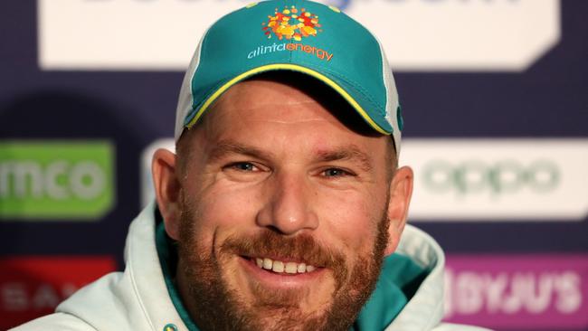 ADELAIDE, AUSTRALIA - NOVEMBER 03: Australian Captain, Aaron Finch at a press conference during the Australian T20 World Cup Squad training session at Adelaide Oval on November 03, 2022 in Adelaide, Australia. (Photo by Sarah Reed/Getty Images)