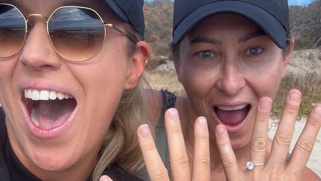 Perth Triple M radio host Katie Lamb (left) and AFL West Coast Eagles backline coach Martene Pearman are engaged. Picture: Supplied