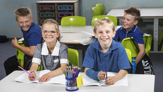 Emily and Aiden Buck, and Lochlan and Jackson Short, area ready for their first day back at school at Kangaroo Island Community Education. Picture: SIMON CROSS