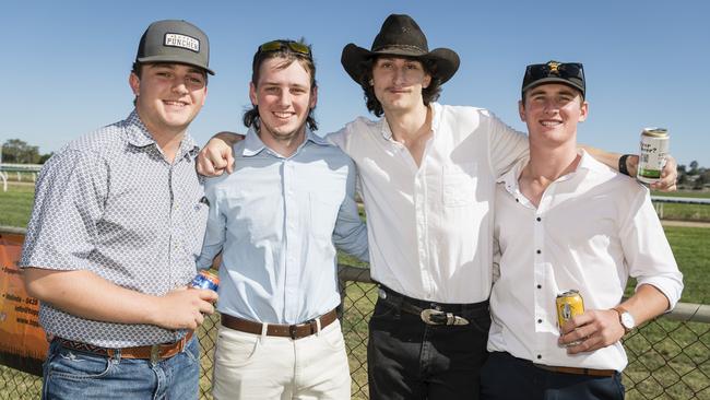 At Warwick Cup race day are (from left) Jesse Bohm, Frazer Roche, Augustus Macdade and Tom Ramsey at Allman Park Racecourse, Saturday, October 14, 2023. Picture: Kevin Farmer