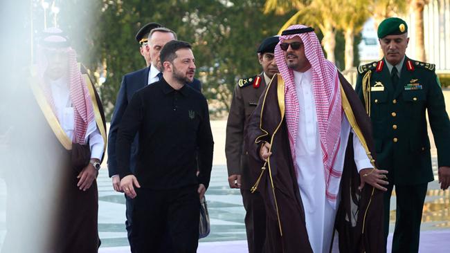 President Volodymyr Zelensky is welcomed by Saudi deputy Mecca Governor Prince Badr bin Sultan bin Abdulaziz (C-R) upon his arrival to Jeddah Picture: Ukrainian Presidential Service/AFP