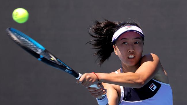 Ann Li of the US hits a return against France's Alize Cornet during their women's singles match on day three of the Australian Open in Melbourne. Picture: AFP