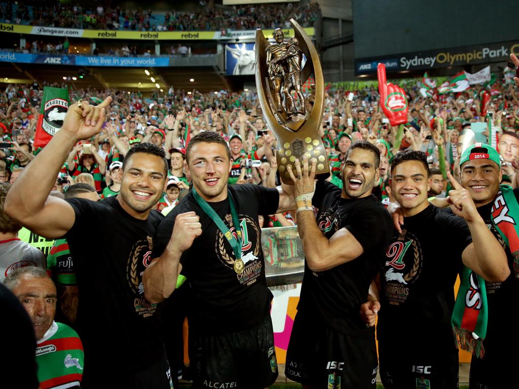 Ben Te'o (left) celebrating his 2014 NRL grand final win with (L-R) Sam Burgess, Greg Inglis, Dylan Walker and Kirisome Auva'a. Picture Gregg Porteous