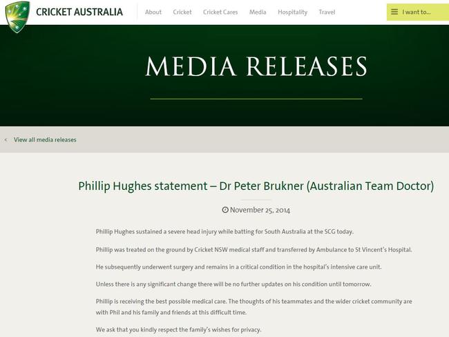 The statement from Cricket Australia on  Hughes’ condition.
