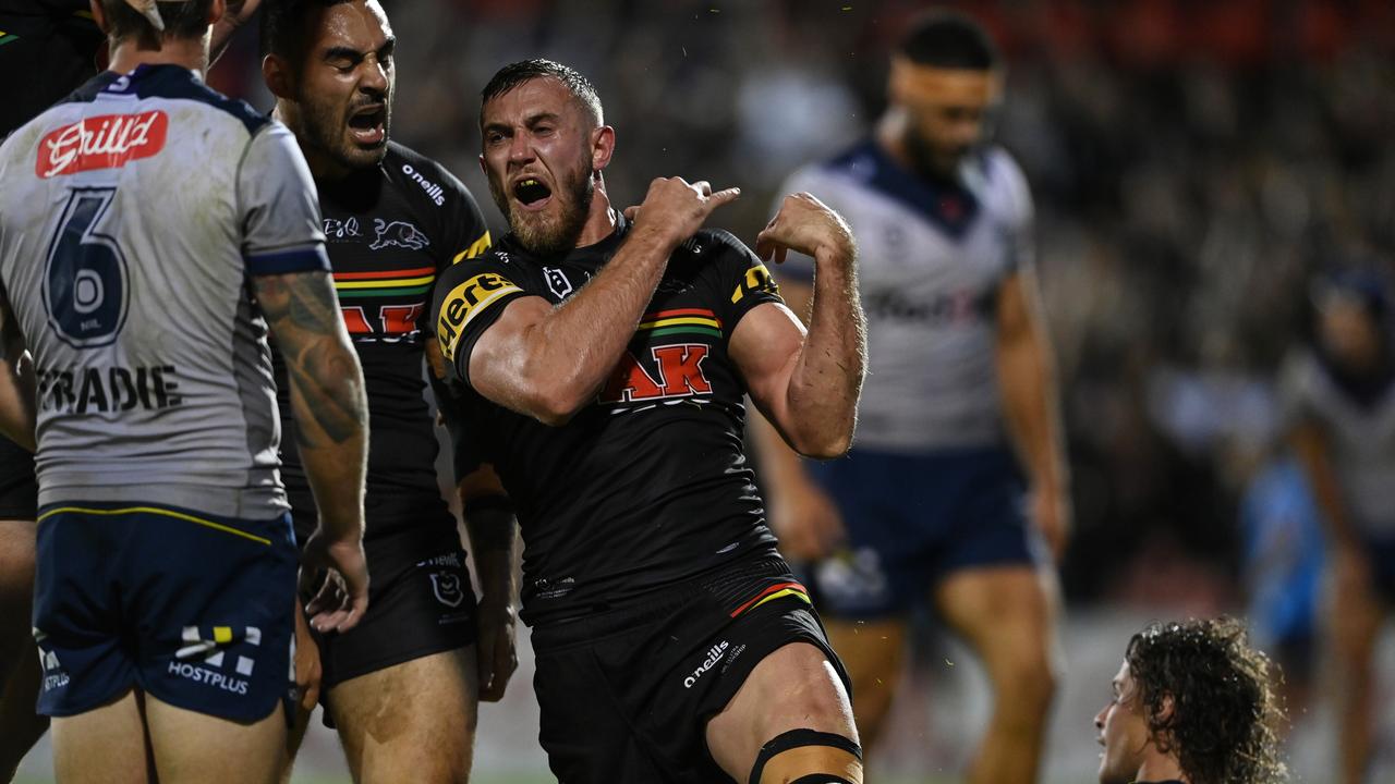 Kurt Capewell of the Panthers celebrates with teammates after scoring a try during the round three NRL match between the Penrith Panthers and the Melbourne Storm at Panthers Stadium on March 25, 2021, in Sydney, Australia. Digital image by Grant Trouville Ã&#130;Â© NRL Photos