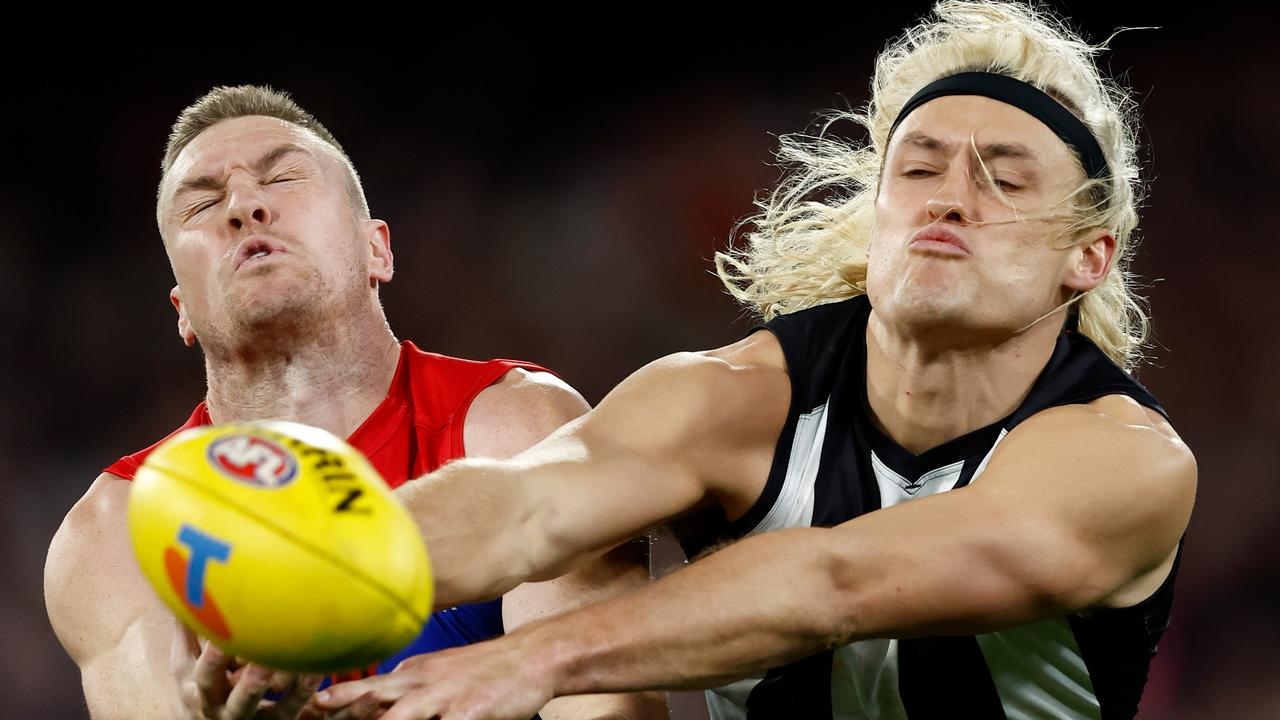 Tom McDonald was well beaten by Darcy Moore. Picture: Getty Images