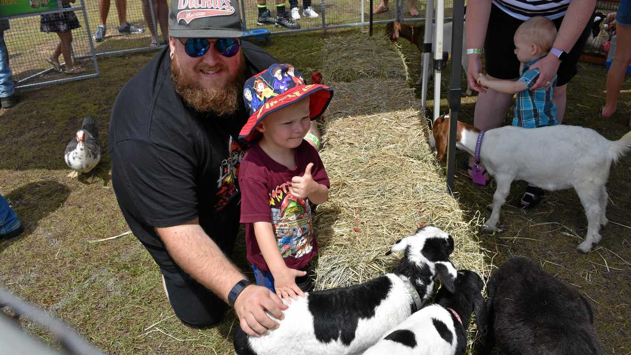 Danny Schaufler and Vance Shaufler, 3, make a friend in the animal nursery at Matty Hillcoat's Day Out. Picture: Arthur Gorrie