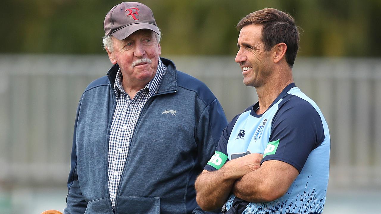 Former rugby league coach Warren Ryan and Andrew Johns watch a NSW Origin training session. Picture: Brett Costello