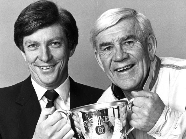 Peter Landy and Lou Richards with the Foster's Cup trophy in 1985.