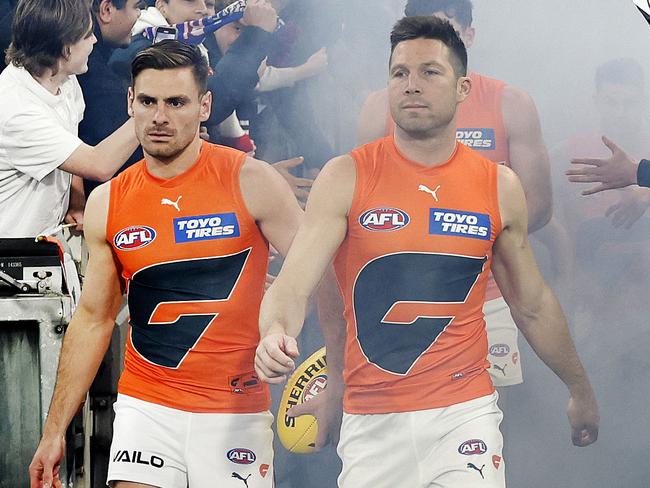 Giants Toby Greene and Stephen Coniglio lead out the Giants during the AFL Preliminary Final match between the GWS Giants and Collingwood Magpies at the MCG on September 22, 2023.  Photo by Phil Hillyard(Image Supplied for Editorial Use only - **NO ON SALES** - Â©Phil Hillyard )