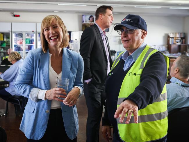 NSW Transport Minister Jo Haylen (left) and independent MP for Wakehurst, Michael Regan (centre), speak with drivers including Allan Hodgson at the Keolis Downer bus depot at Brookvale in May, 2023. Picture: NSW Government