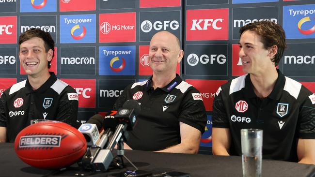 Port Adelaide coach Ken Hinkley was all smiles as the club announced the big news. Picture: NCA NewsWire / David Mariuz