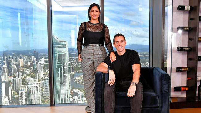 Simon and Tah-nee Beard at the $30m penthouse they are selling on the Gold Coast. Picture: John Gass.