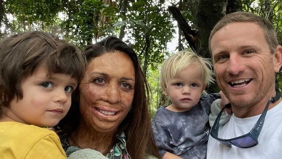 Turia Pitt and her fiancé Michael Hoskin with their sons, Hakavai (left) and Rahiti, earlier this year. (Picture: Supplied)