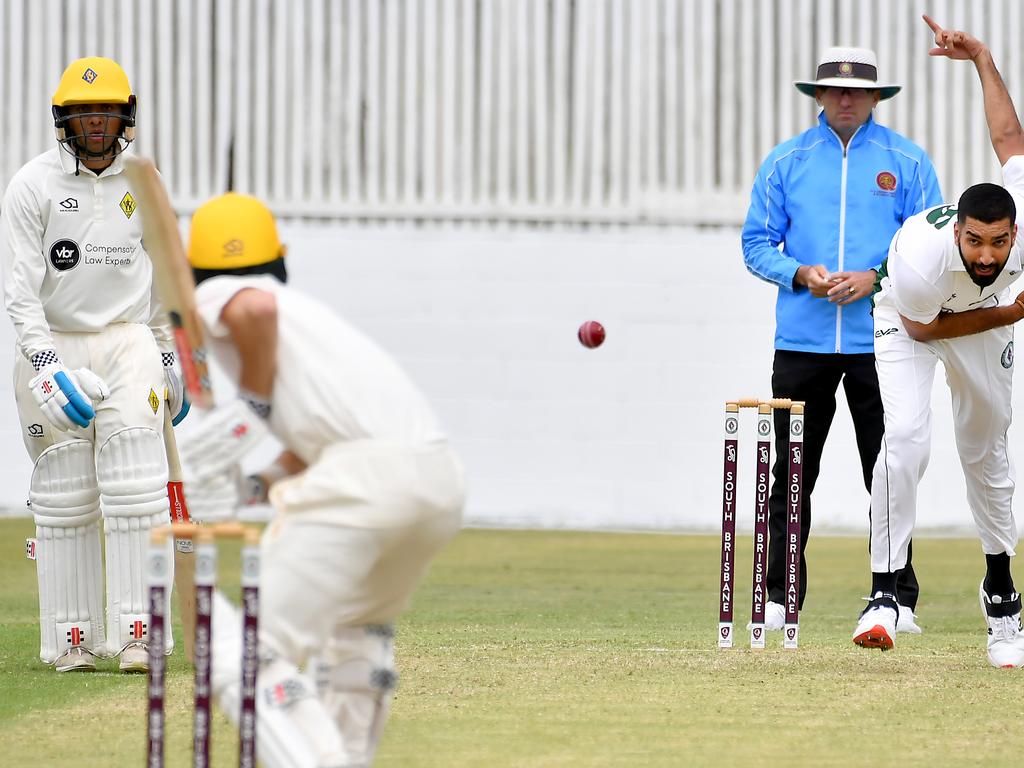 Souths bowler Harmon Sandhu South Brisbane v Wests in the Sci-Fleet first grade competition. Saturday October 1, 2022. Picture, John Gass