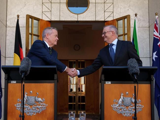 Mr Shorten and Mr Albanese shake hands outside Parliament House. Picture: Supplied