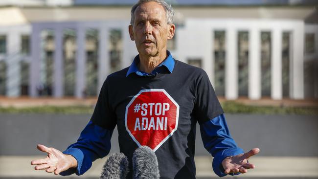 Bob Brown gives a press conference after the 'Stop Adani Convoy' arrived at Parliament House in Canberra. Picture: Sean Davey.