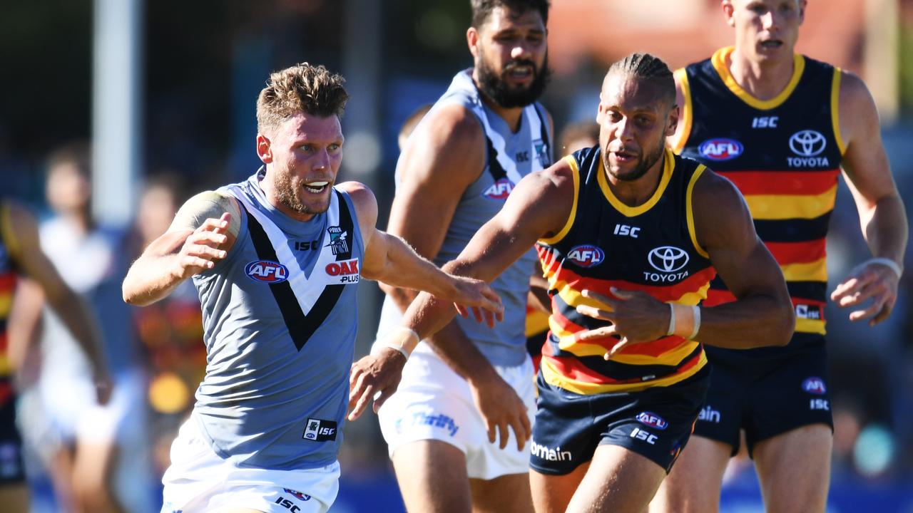 Port Adelaide and the Crows will play their 15th Summer Showdown on Saturday — this time in Port Pirie in 39C forcing the AFL to invoke its heat policy to protect the players … and raising new debate on the timing of AFL pre-season matches. Picture: Mark Brake