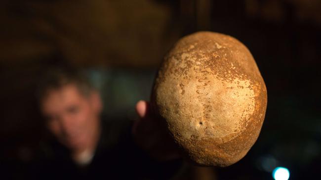 Incredible discovery ... Professor Israel Hershkowitz shows the partial skull found in the cave in northern Israel. Picture: AFP