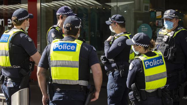 A strong police presence in Melbourne on Sunday. Picture: Paul Jeffers