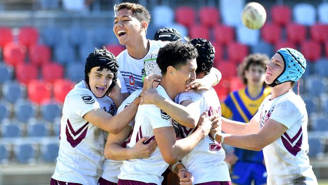 The ASSRL school boy 15 years. The Queensland White celebrate a try Queensland White Vs ACT. Thursday July 7, 2022. Picture, John Gass