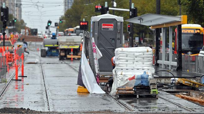 Construction of a tram stop on North Terrace. Picture: Tom Huntley