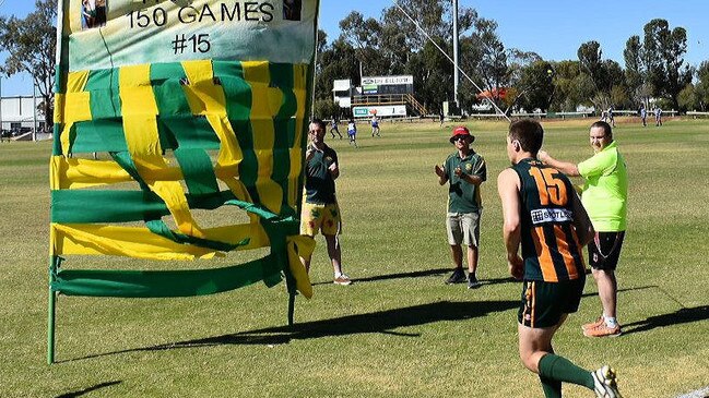 Hornhardt runs out for his 150th game at Olympic Dam. Picture: Olympic Dam Sporting Club