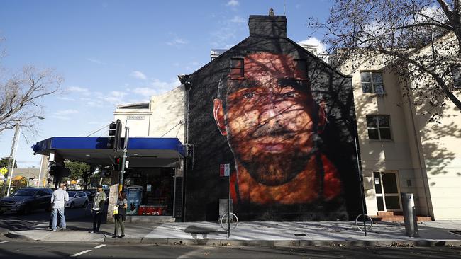 A mural of former Swans star Adam Goodes in Sydney’s inner-city. Picture: Getty