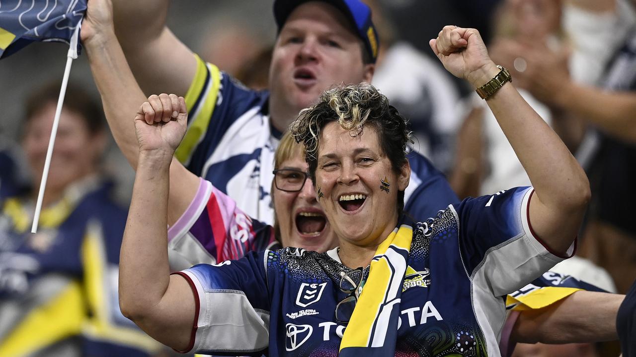 Cowboys fans show their support during the NRL Qualifying Final match between North Queensland Cowboys and Newcastle Knights at Queensland Country Bank Stadium on September 14, 2024 in Townsville, Australia. (Photo by Ian Hitchcock/Getty Images)