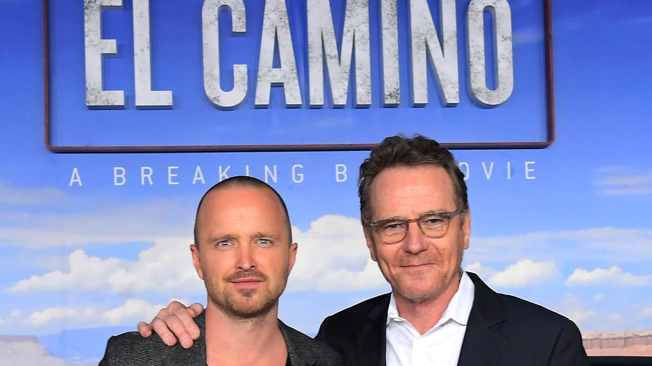 Aaron Paul and Bryan Cranston attend the world premiere of ‘El Camino: A Breaking Bad Movie’. Picture: Charley Gallay/Getty Images