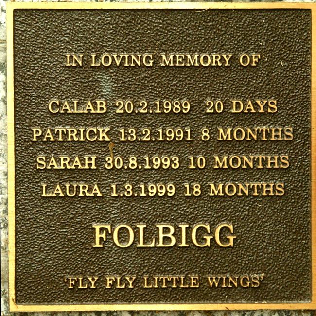 A plaque at The Anglican Church in Singleton which holds the ashes of Folbigg children Laura, Sarah, Caleb and Patrick. Picture: File