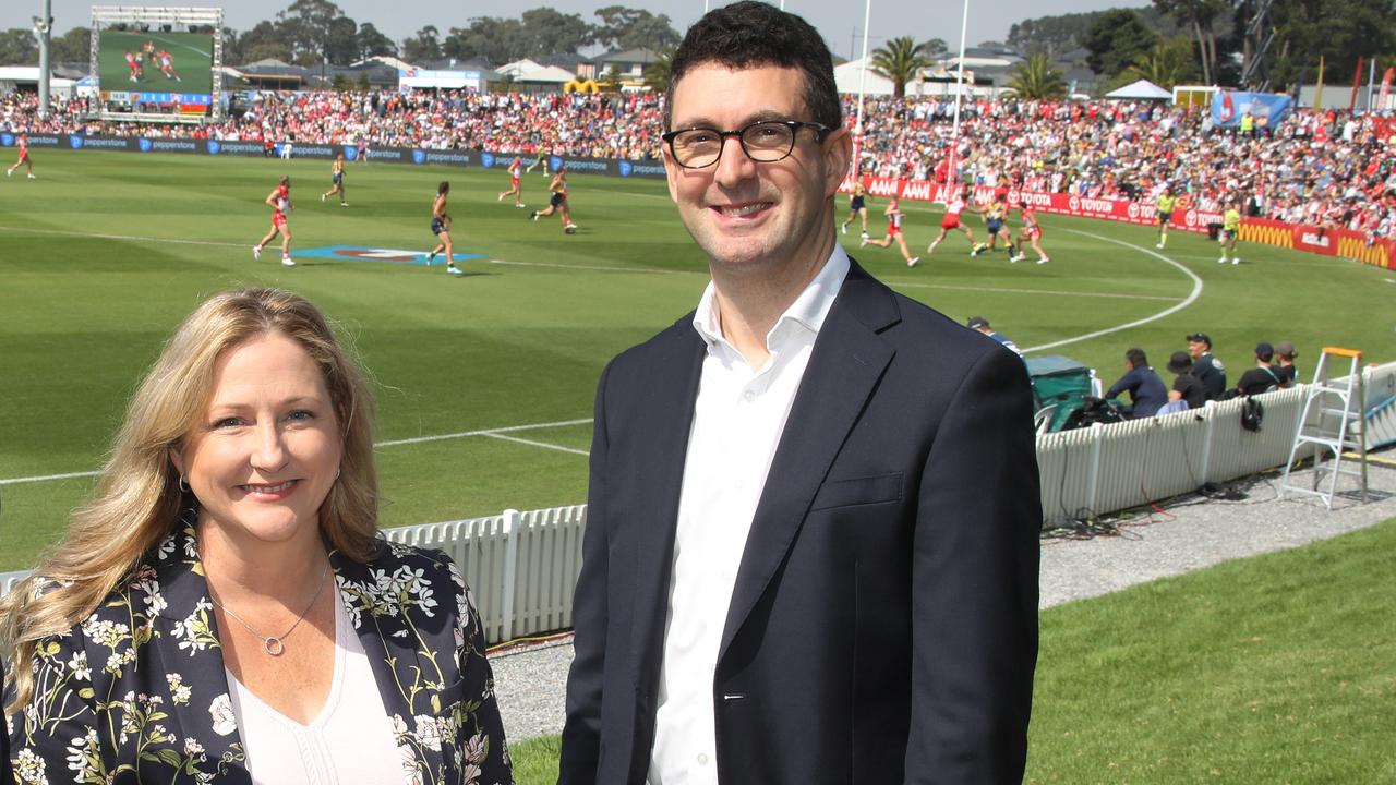 Mayo MP Rebekha Sharkie and outgoing Kavel MP Dan Cregan at the AFL Gather Round match between West Coast and Sydney at Mount Barker on April 6, 2024. Picture Dean Martin