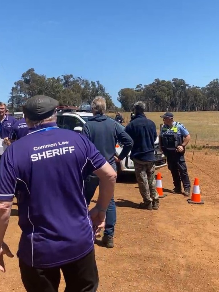 Mr Culleton was accompanied by ‘common law sheriffs’ who claimed they were the ‘court of superior jurisdiction’ and wished to present Western Australia Police with ‘evidence’ the farm belonged to Mr Culleton. Picture: Facebook